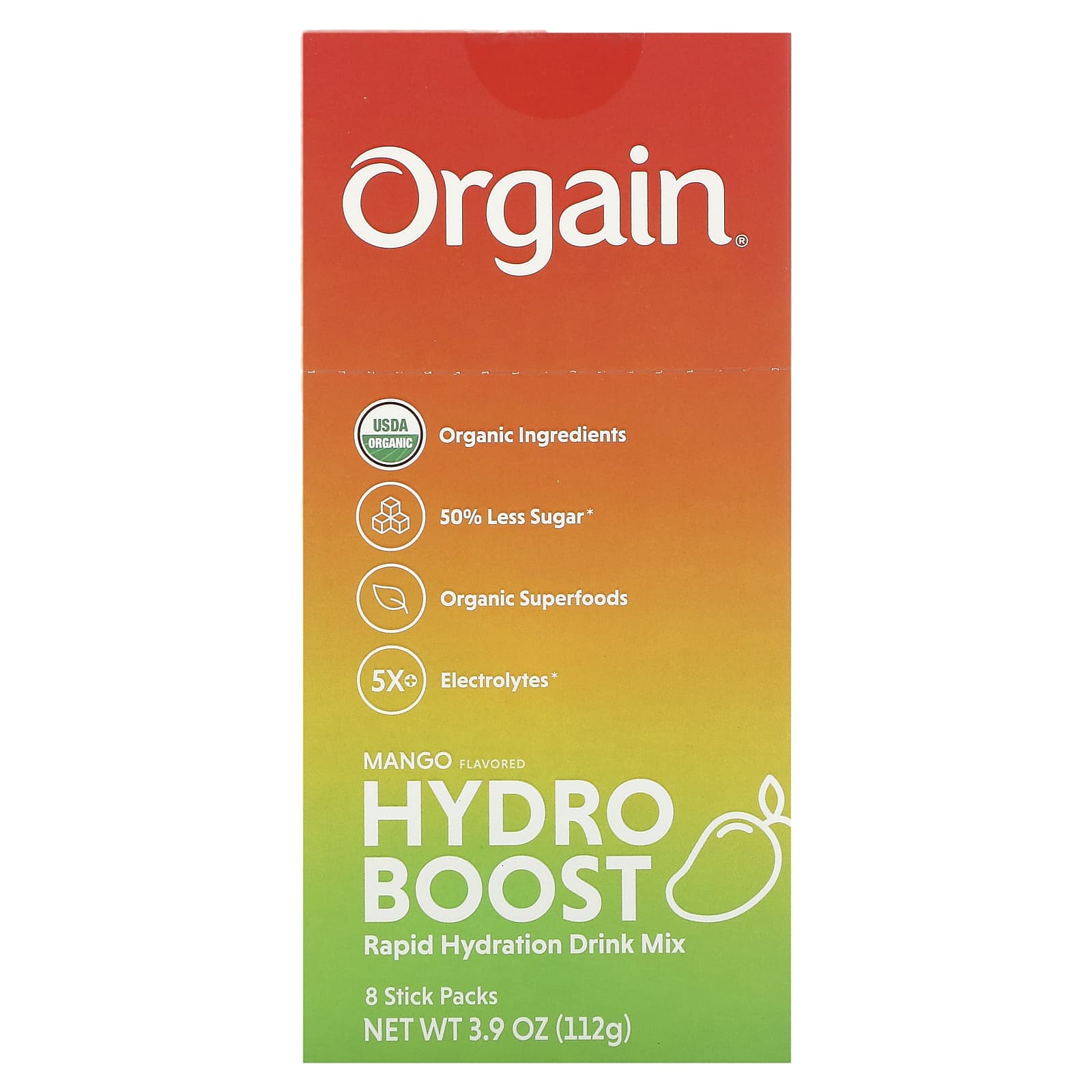 免費送 Orgain, Hydro Boost 快速補水混合飲品，芒果味，8 支，每支 0.49 盎司（14 克）