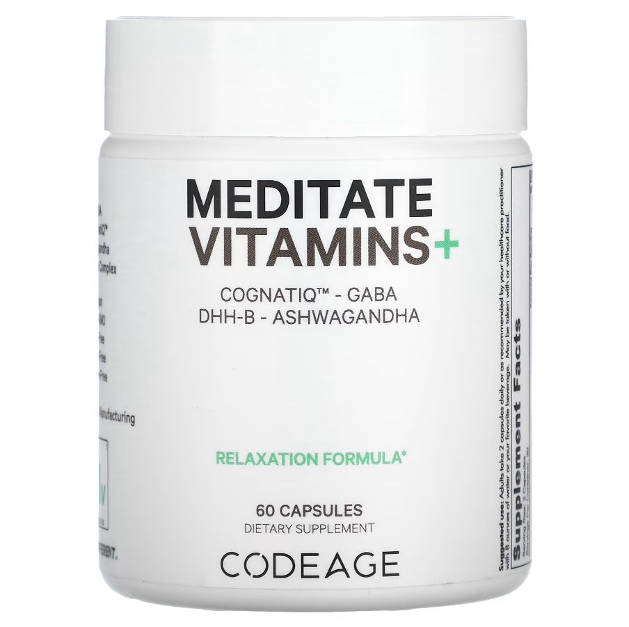 Codeage, Meditate Vitamins+, CognatiQ, GABA, DHH-B, Ashwagandha, 60 Capsules（outer packing distorted）