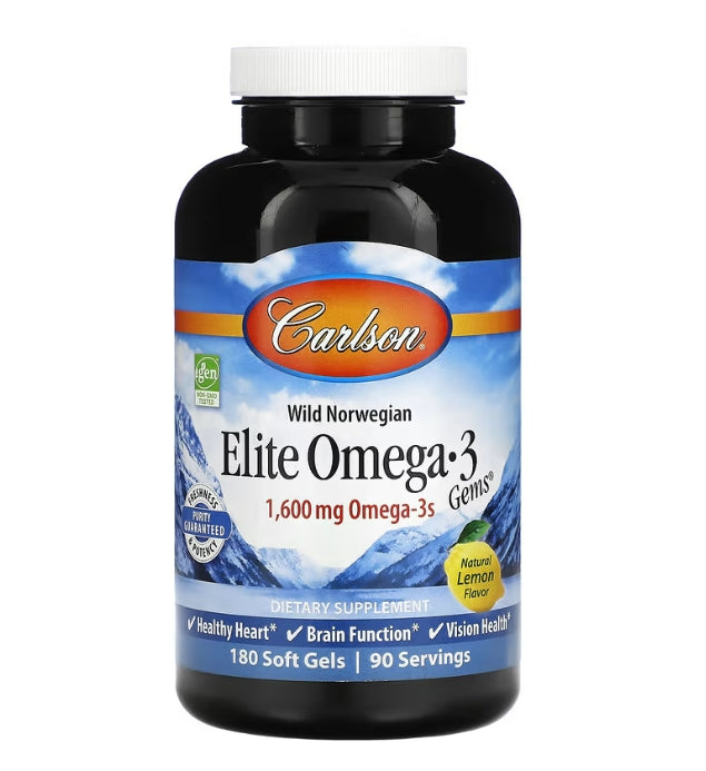 Carlson, Wild Norwegian, Elite Omega-3 Gems, Natural Lemon, 1,600 mg, 180 Soft Gels (800 mg per Soft Gel)