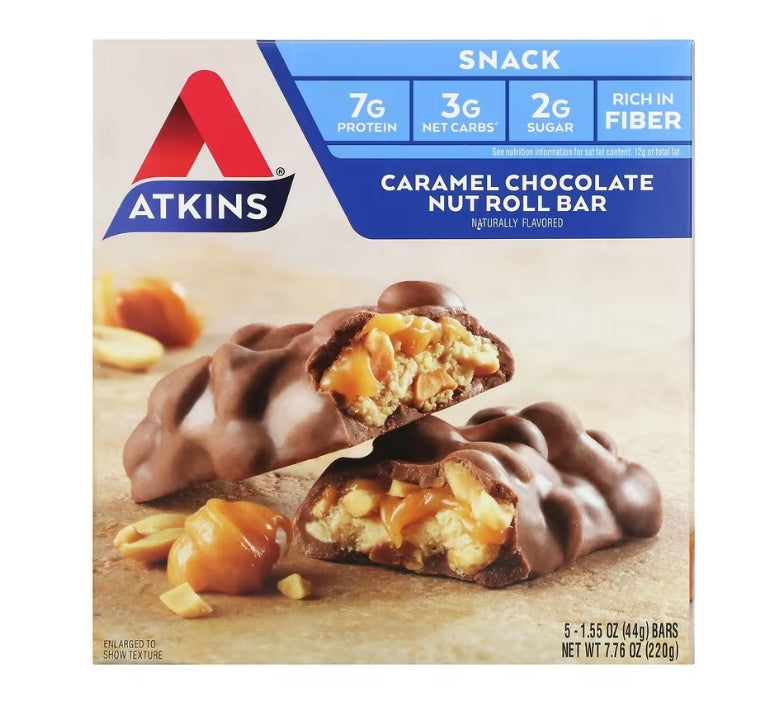 Atkins, Snack, Caramel Chocolate Nut Roll Bar, 5 Bars, 1.55 oz (44 g) Each