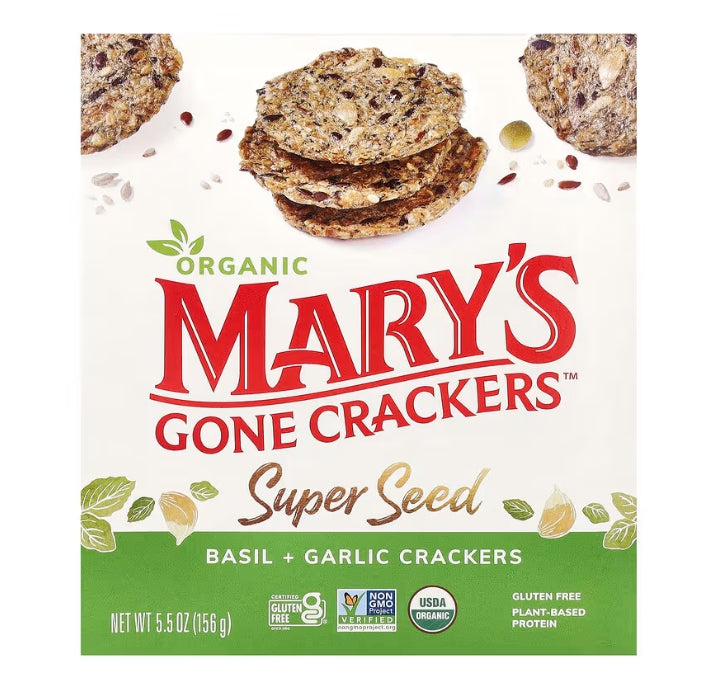 免費送 Mary's Gone Crackers, 超級種子餅乾，羅勒 + 大蒜味，5.5 盎司（156 克）