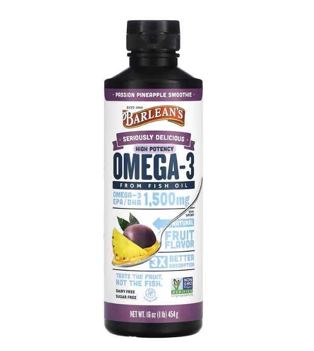 Barlean's, Seriously Delicious, Omega-3 From Fish Oil, High Potency, Passion Pineapple Smoothie, 1,500 mg, 1 lb (454 g)