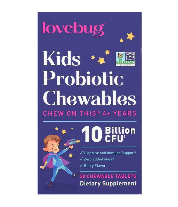 LoveBug Probiotics, 兒童益生菌咀嚼片，4 歲以上，漿果味，100 億 CFU，30 片