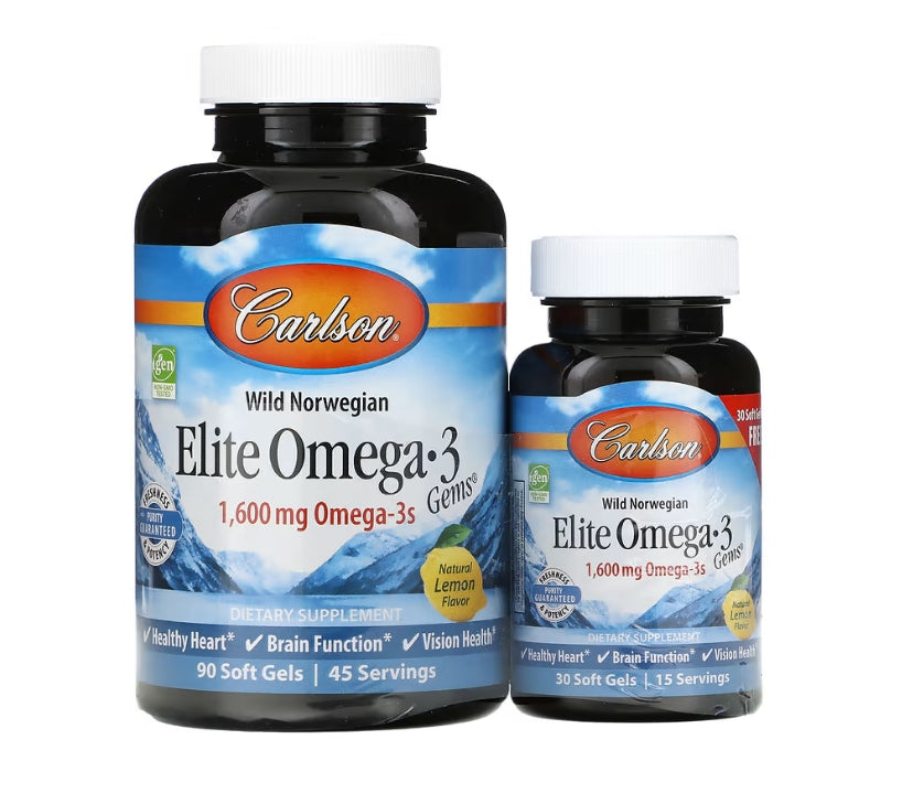 Carlson, Wild Norwegian, Elite Omega-3 Gems, Natural Lemon, 1,600 mg, 120 Soft Gels (800 mg per Soft Gel)