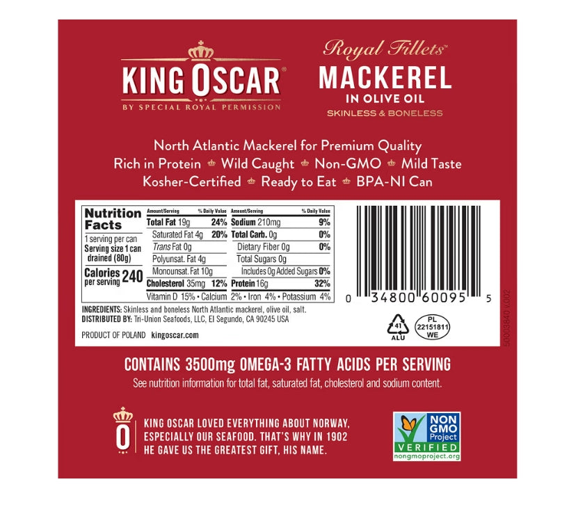 免費送 King Oscar, Royal Fillets，鯖魚，載於橄欖油中，4.05 盎司（115 克）