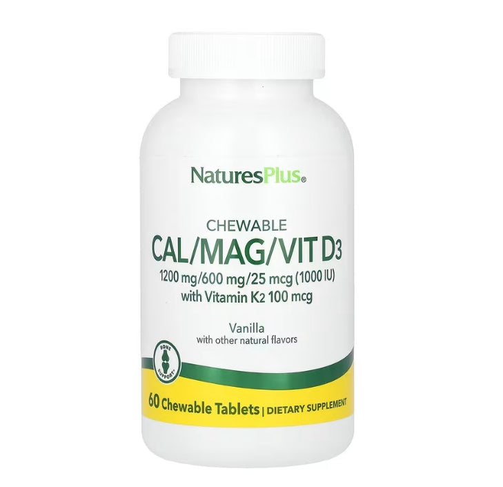 NaturesPlus, Chewable Cal/Mag/Vit D3 with Vitamin K2, Vanilla, 60 Chewable Tablets