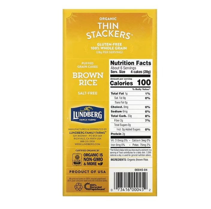 FREE Lundberg, Organic Thin Stackers, Puffed Grain Cakes, Brown Rice, Salt-Free, 24 Rice Cakes, 6 oz (168 g)