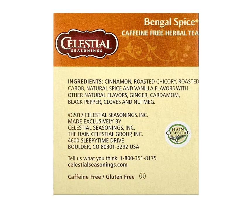 Celestial Seasonings, 無咖啡萃取孟加拉香料植物茶，20 袋，1.7 盎司（47 克）