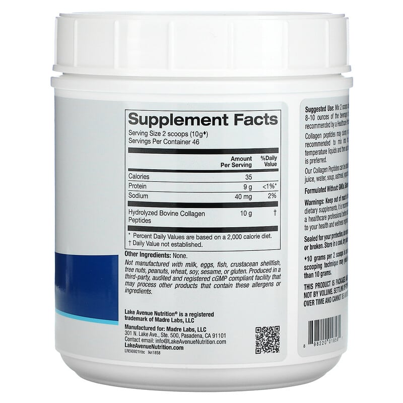 Lake Avenue Nutrition, 水解膠原蛋白肽 I 型和 III 型，原味，1.01 磅（460 克）