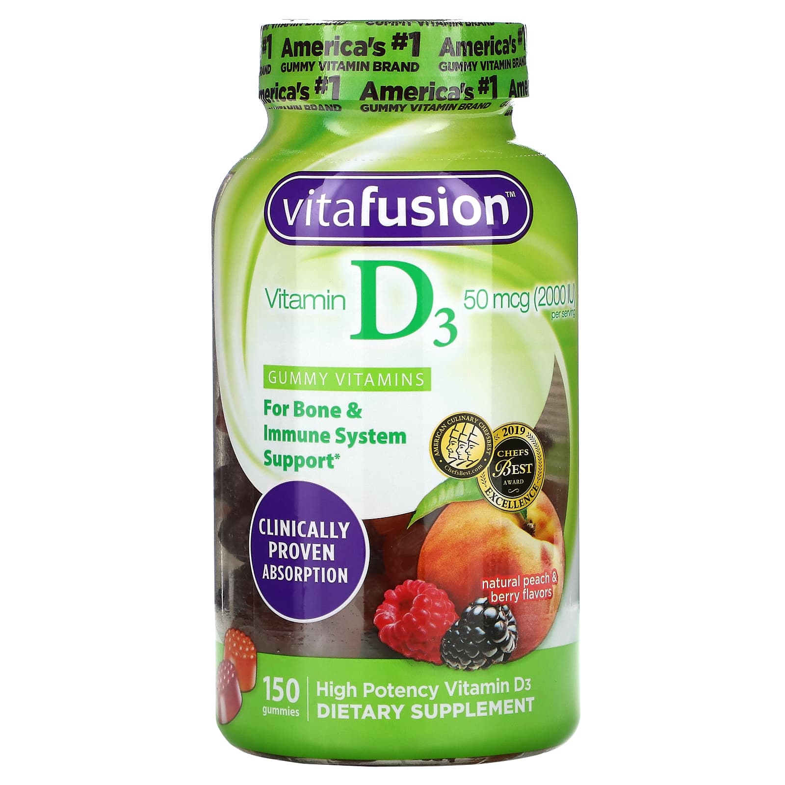 免費送 VitaFusion, 維生素 D3，天然桃子和漿果味，2,000 國際單位，150 粒軟糖