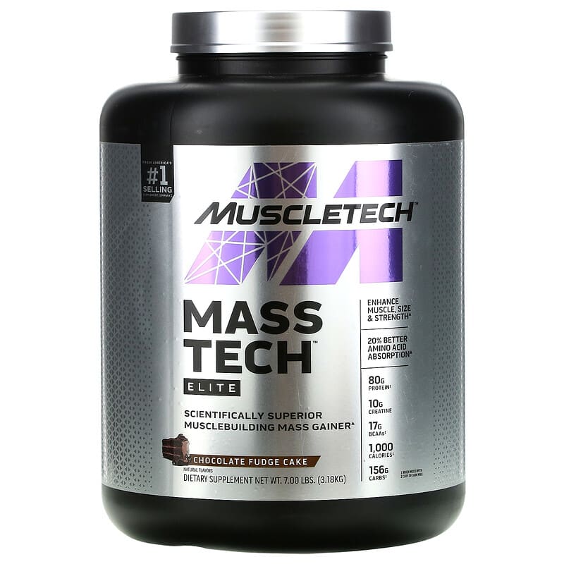 MuscleTech, Mass-Tech Elite，科學優效肌肉構建增重粉，巧克力軟糖蛋糕，7.00 磅（3.18 千克）