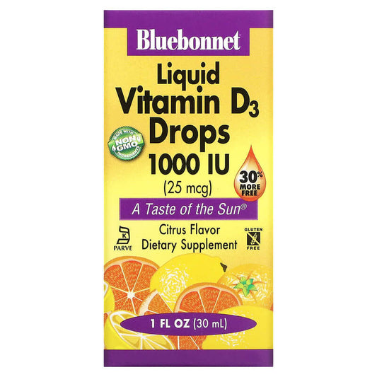 免費送 Bluebonnet Nutrition, 液體維生素 D3 滴劑，天然柑橘味，1,000 國際單位，1 液量盎司（30 毫升）