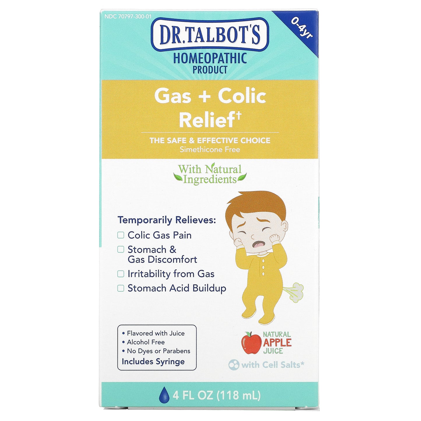 Dr. Talbot's, 胃脹氣 + 絞痛緩解，0-4 歲，天然蘋果汁味，4 液量盎司（118 毫升）