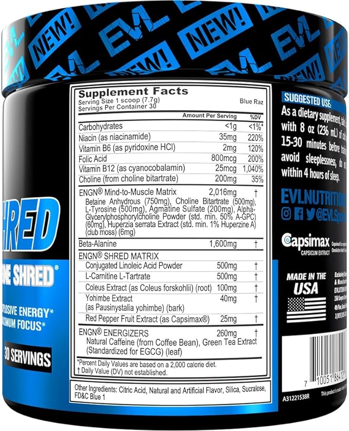 免費送 EVLution Nutrition ENGN Shred 運動前引擎切絲 Blue Raz 8.1 盎司（231 克）