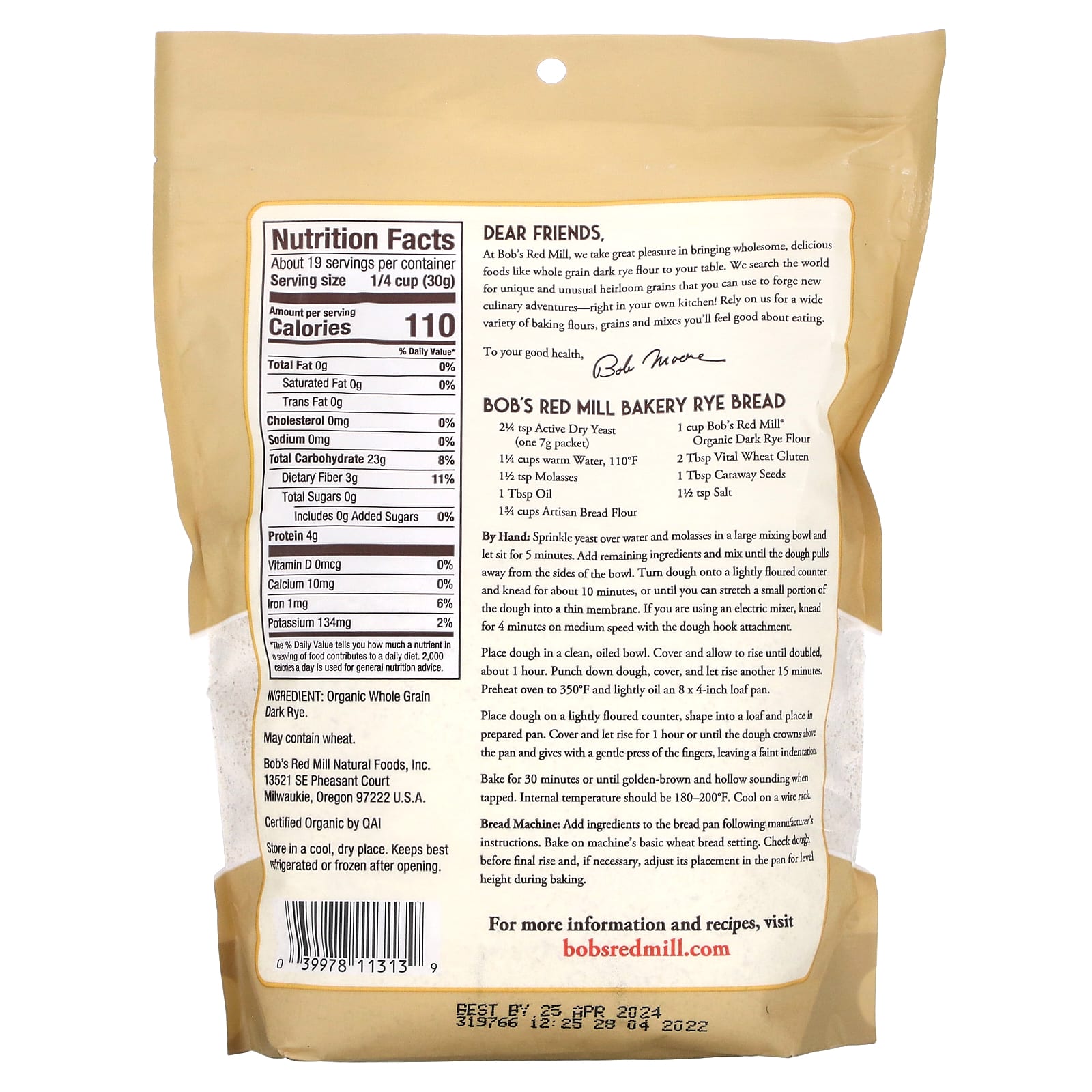 FREE Bob's Red Mill, Organic Dark Rye Flour, Whole Grain, 20 oz (567 g)