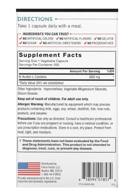 Force Factor, Fundamentals, NAC, N-Acetyl-L-Cysteine, 600 mg, 200 Vegetable Capsules