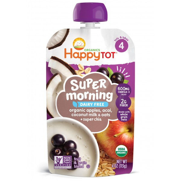 HappyTot Super Morning Organic Apples Acai Coconut Milk & Oats with Super Chia Baby Food Pouch - 4oz （10 packs）