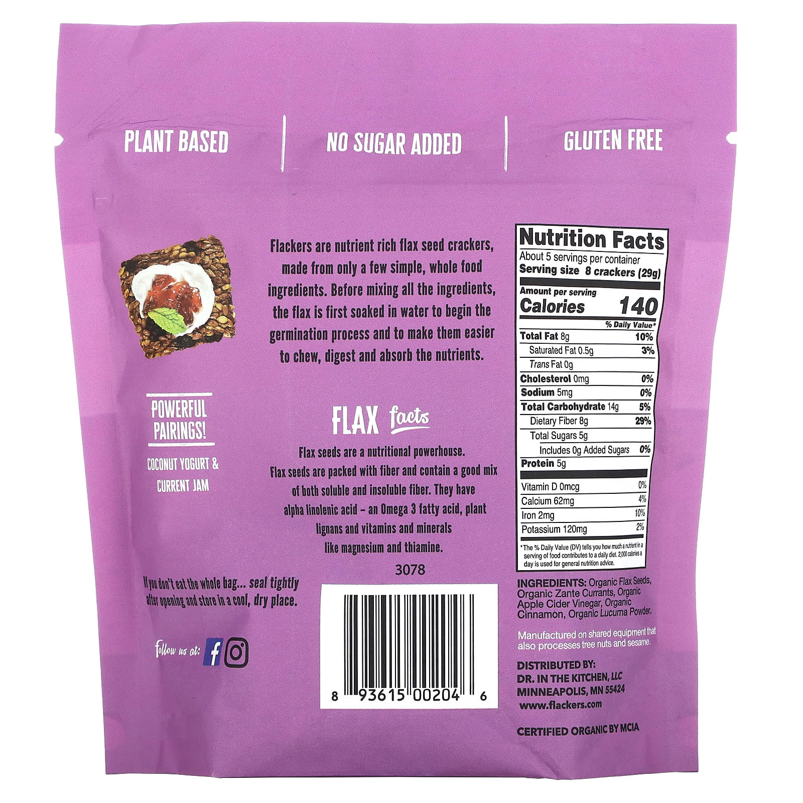 Flackers, Flax Seed Crackers, Cinnamon & Currants, 5 oz (142 g)