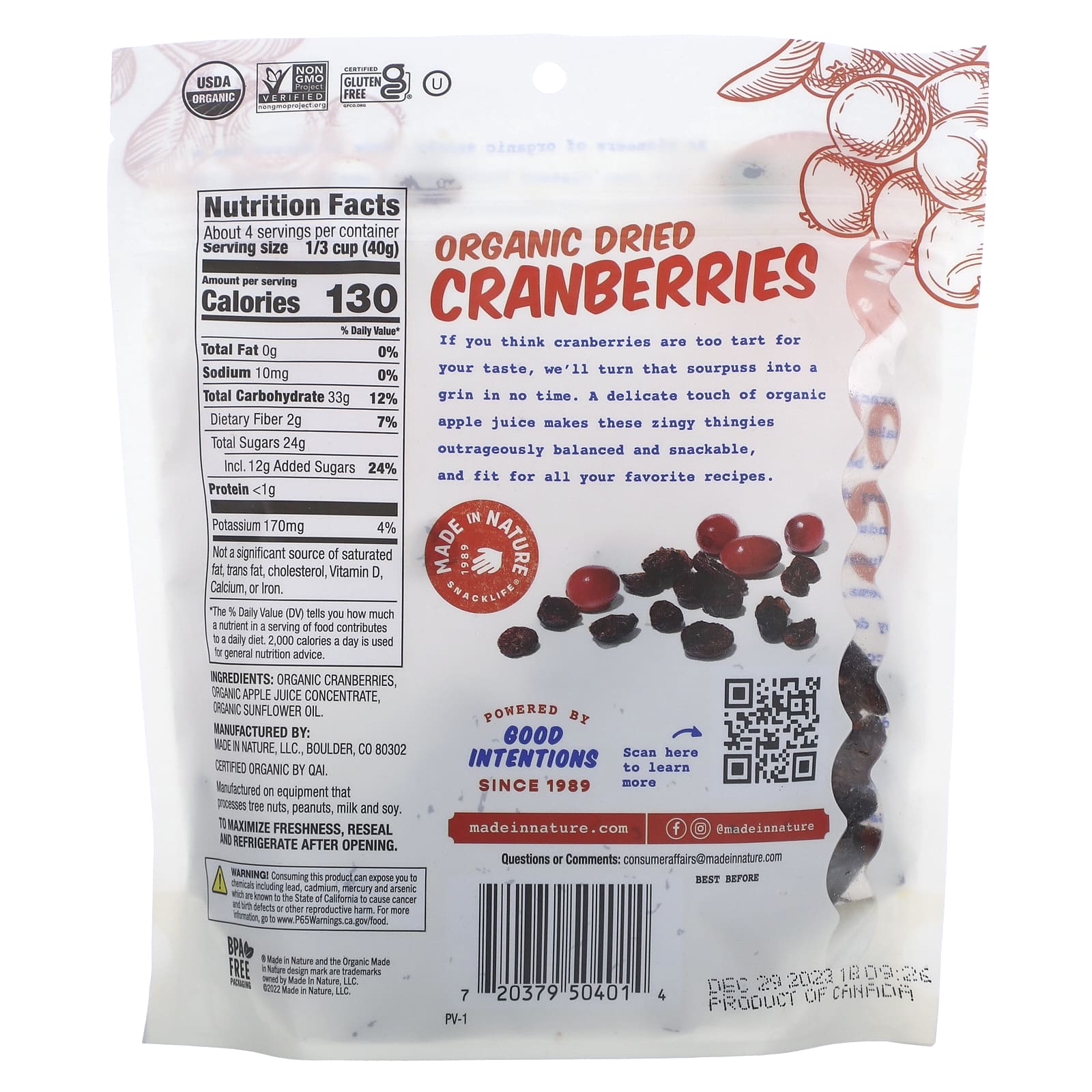 FREE Made in Nature, Organic Dried Cranberries, With Organic Apple Juice, 5 oz (142 g)