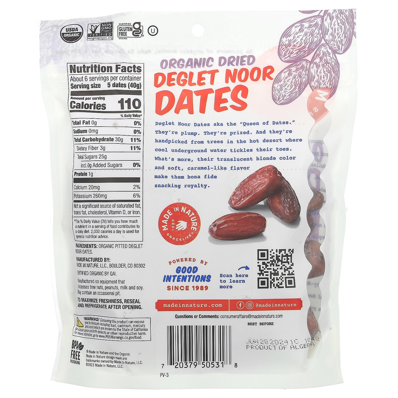 FREE Made in Nature, Organic Dried Deglet Noor Dates, Pitted, Sundried, 8 oz (227 g)