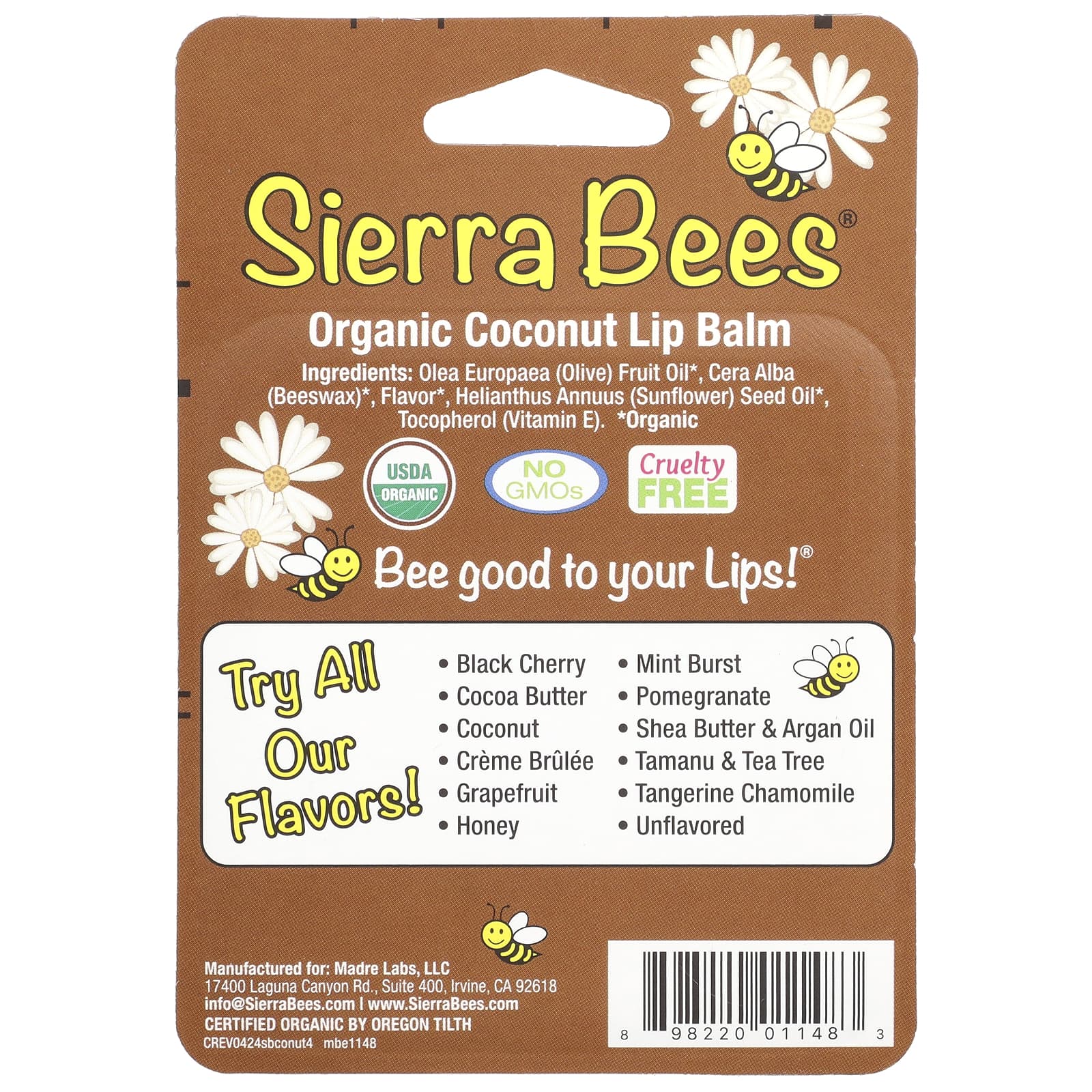 Sierra Bees, Organic Lip Balms, Coconut, 4 Pack, 0.15 oz (4.25 g) Each