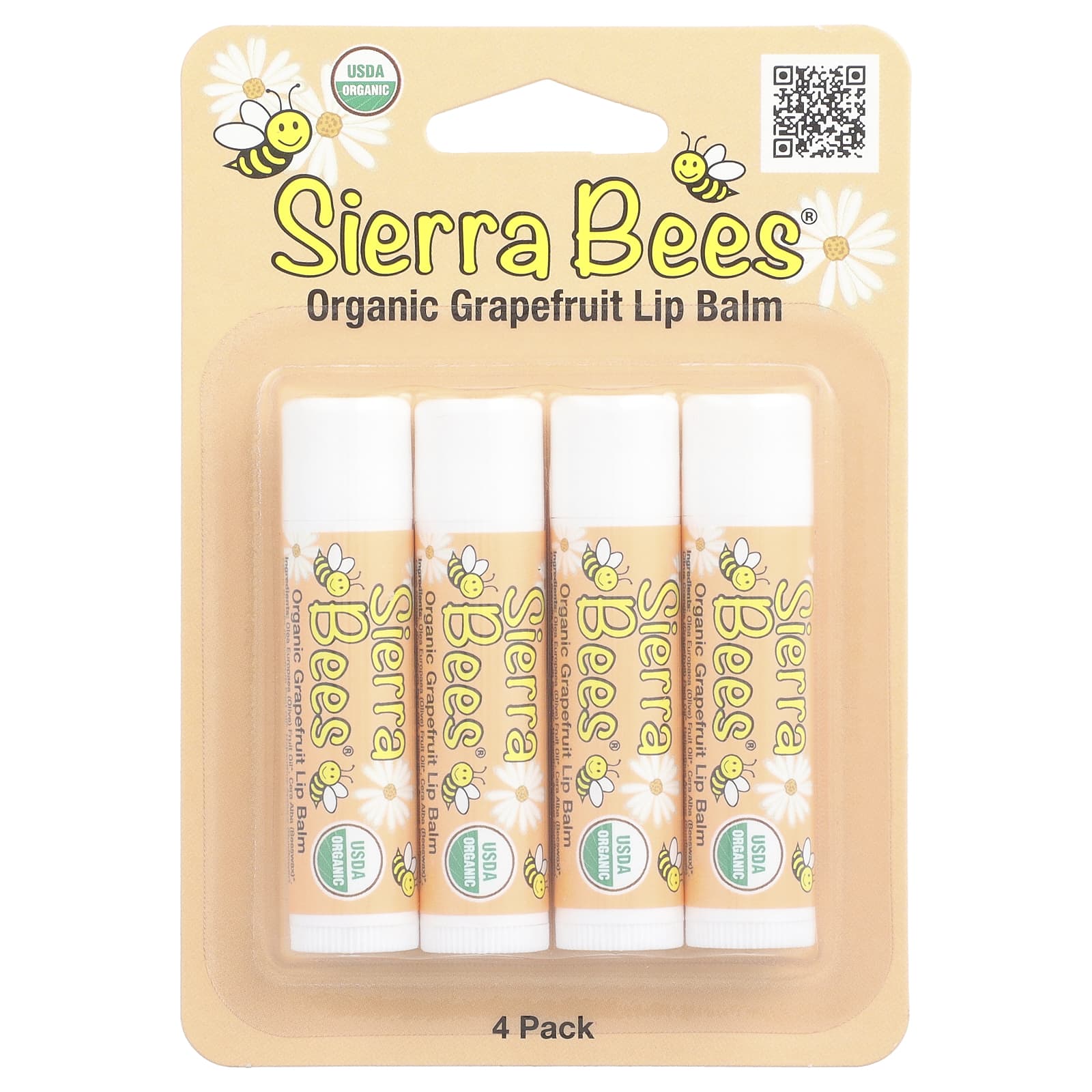 Sierra Bees, Organic Lip Balms, Grapefruit, 4 Pack, 0.15 oz (4.25 g) Each