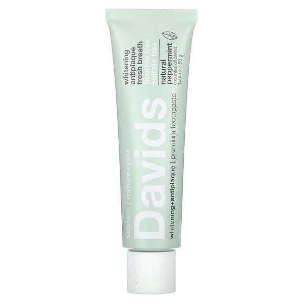 Davids, Premium Toothpaste, Whitening + Antiplaque, Natural Peppermint, 1.75 oz (50 g)