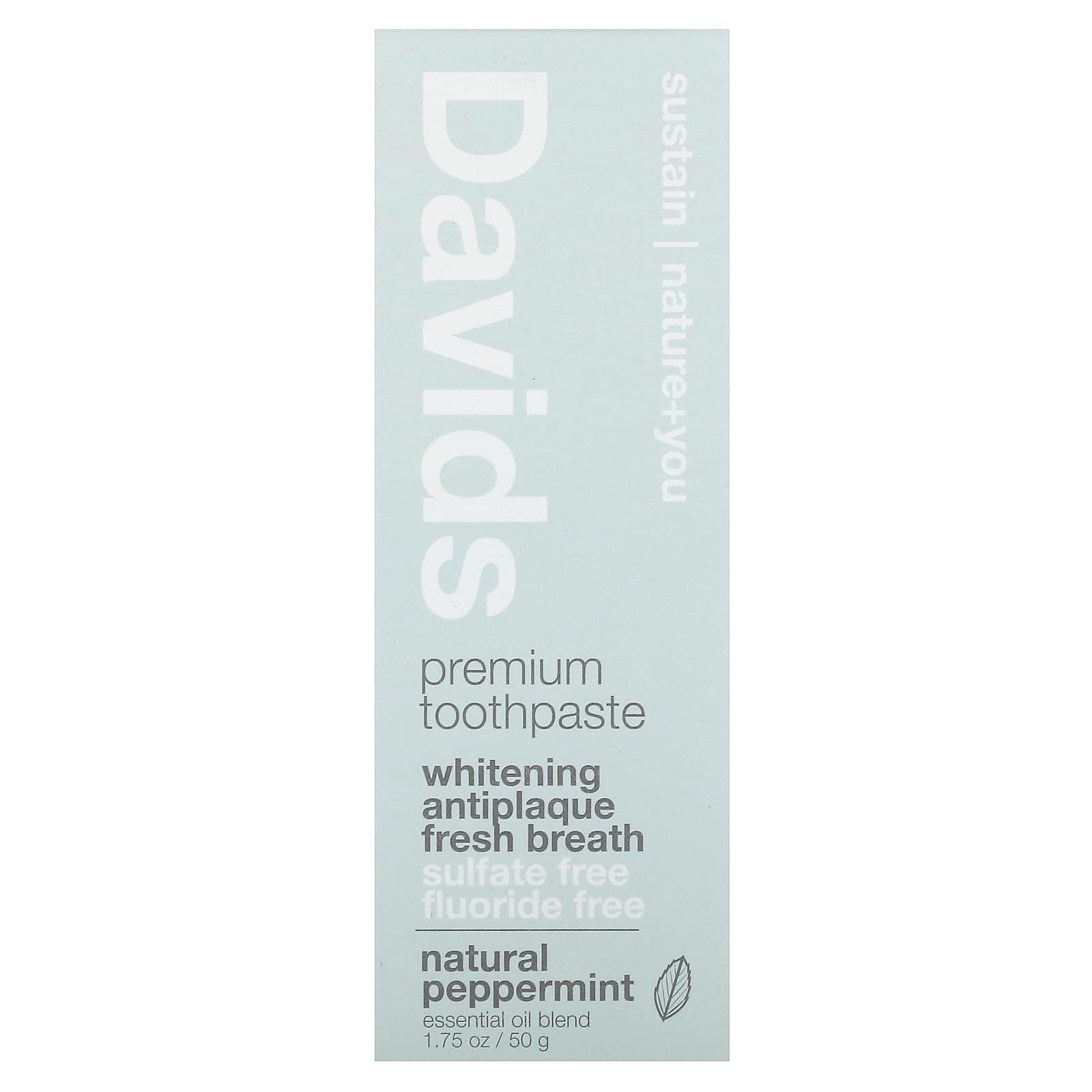 Davids, Premium Toothpaste, Whitening + Antiplaque, Natural Peppermint, 1.75 oz (50 g)