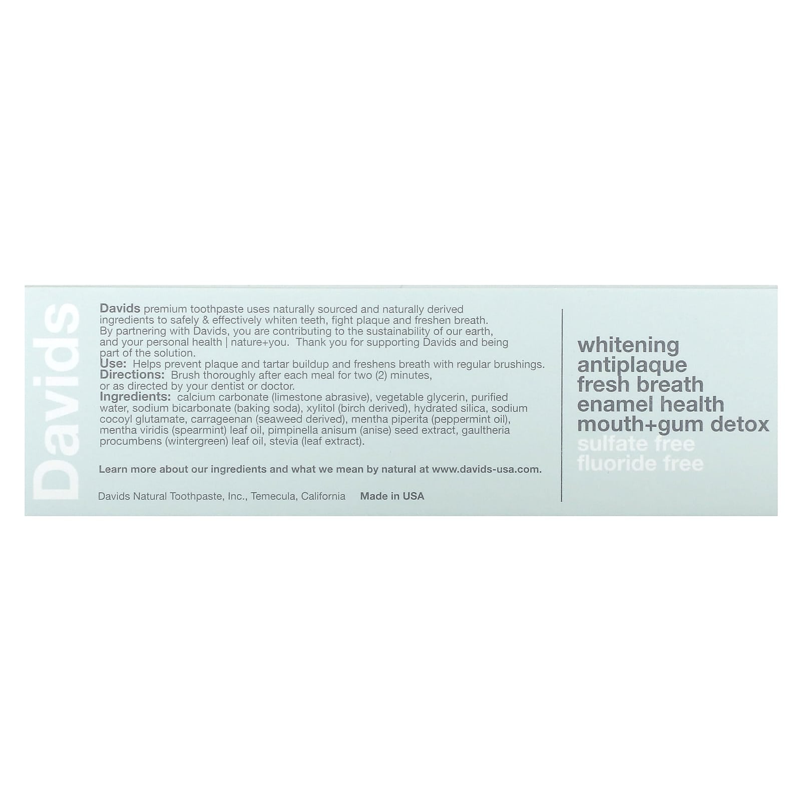 Davids, Premium Toothpaste, Whitening + Antiplaque, Natural Peppermint, 1.75 oz (50 g)