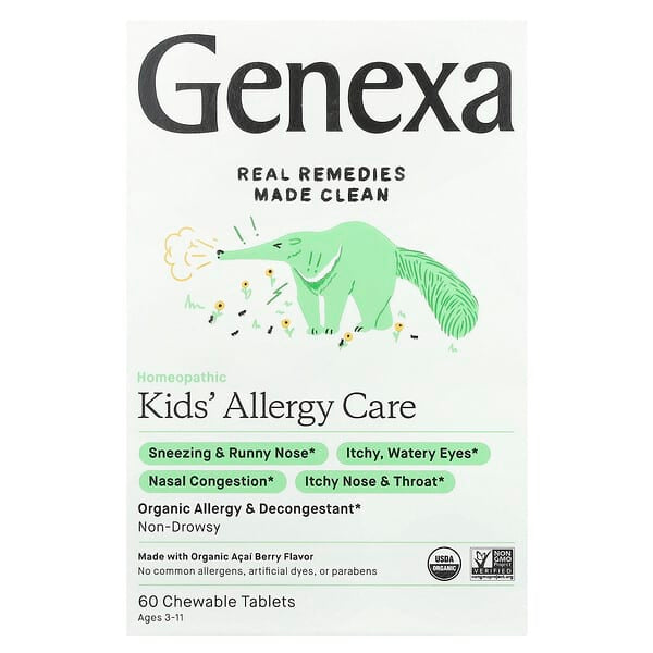 Genexa, Kids´ Allergy Care，敏感和減充血劑，有機巴西莓，60 片咀嚼片