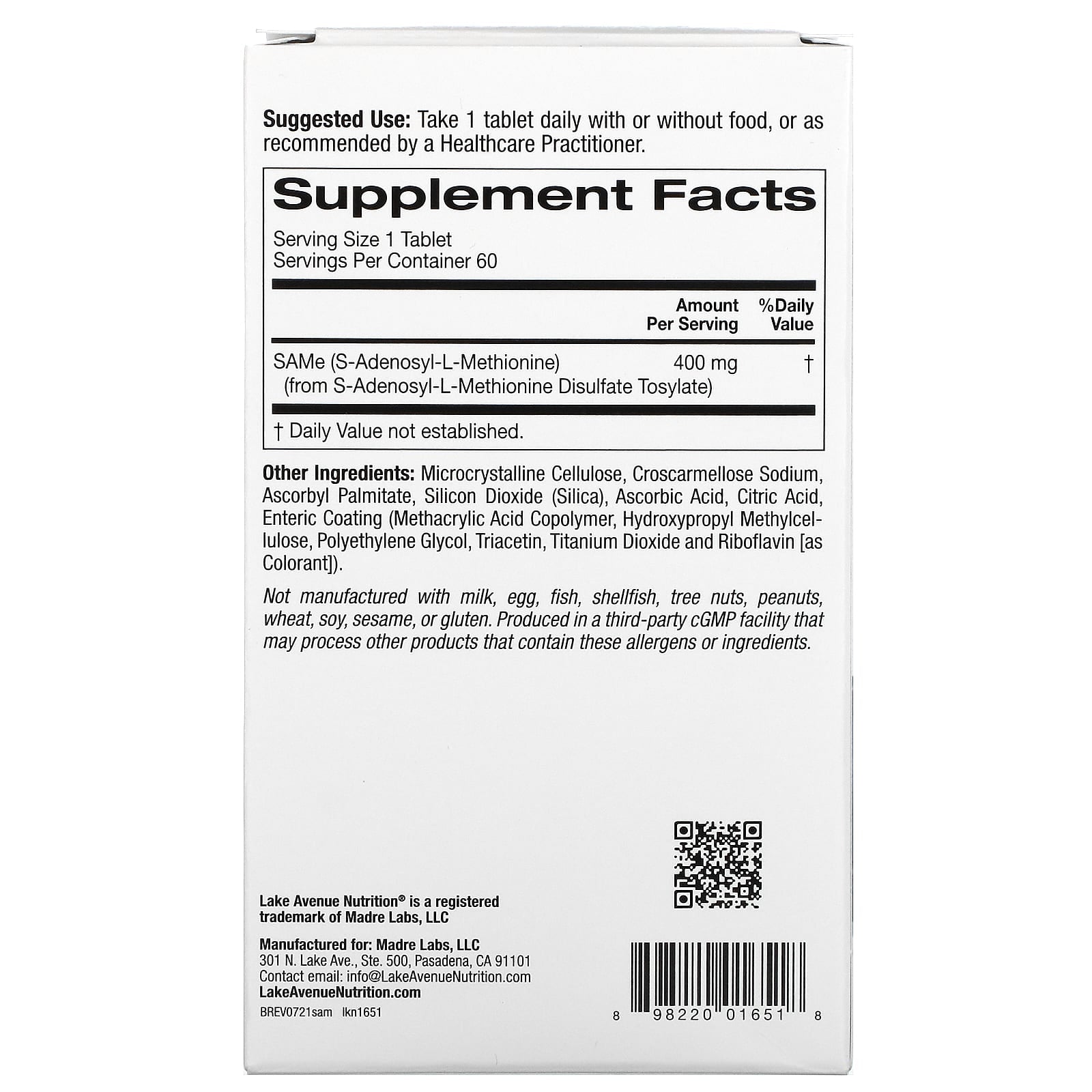 Lake Avenue Nutrition, SAMe ( Disulfate Tosylate), 400 mg, 60 Enteric Coated Tablets （Outer packaging deformation）