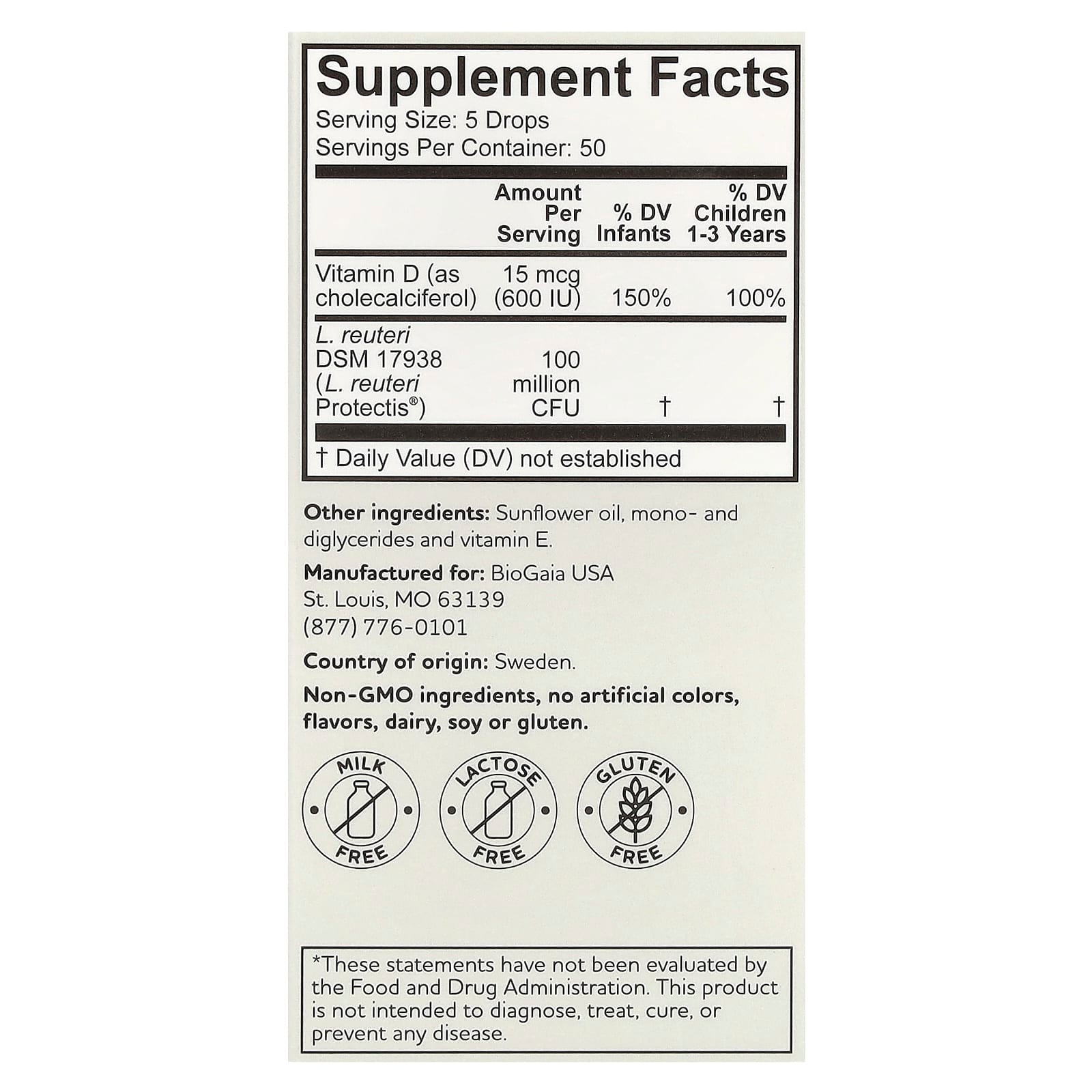 BioGaia, Protectis 嬰兒滴劑，機體抵抗活性，0-36 個月，600 國際單位，0.34 液量盎司（10 毫升）