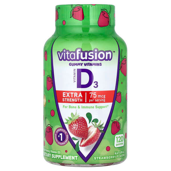 VitaFusion, 軟糖維生素，維生素 D3，特強型，天然草莓味，75 微克，120 粒（每粒 37.5 微克）