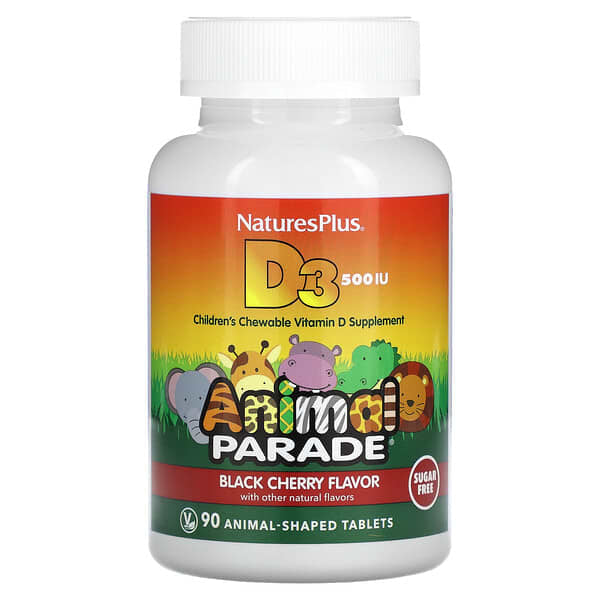 FREE NaturesPlus, Animal Parade, Vitamin D3, Sugar Free, Black Cherry, 500 IU, 90 Animal-Shaped Tablets