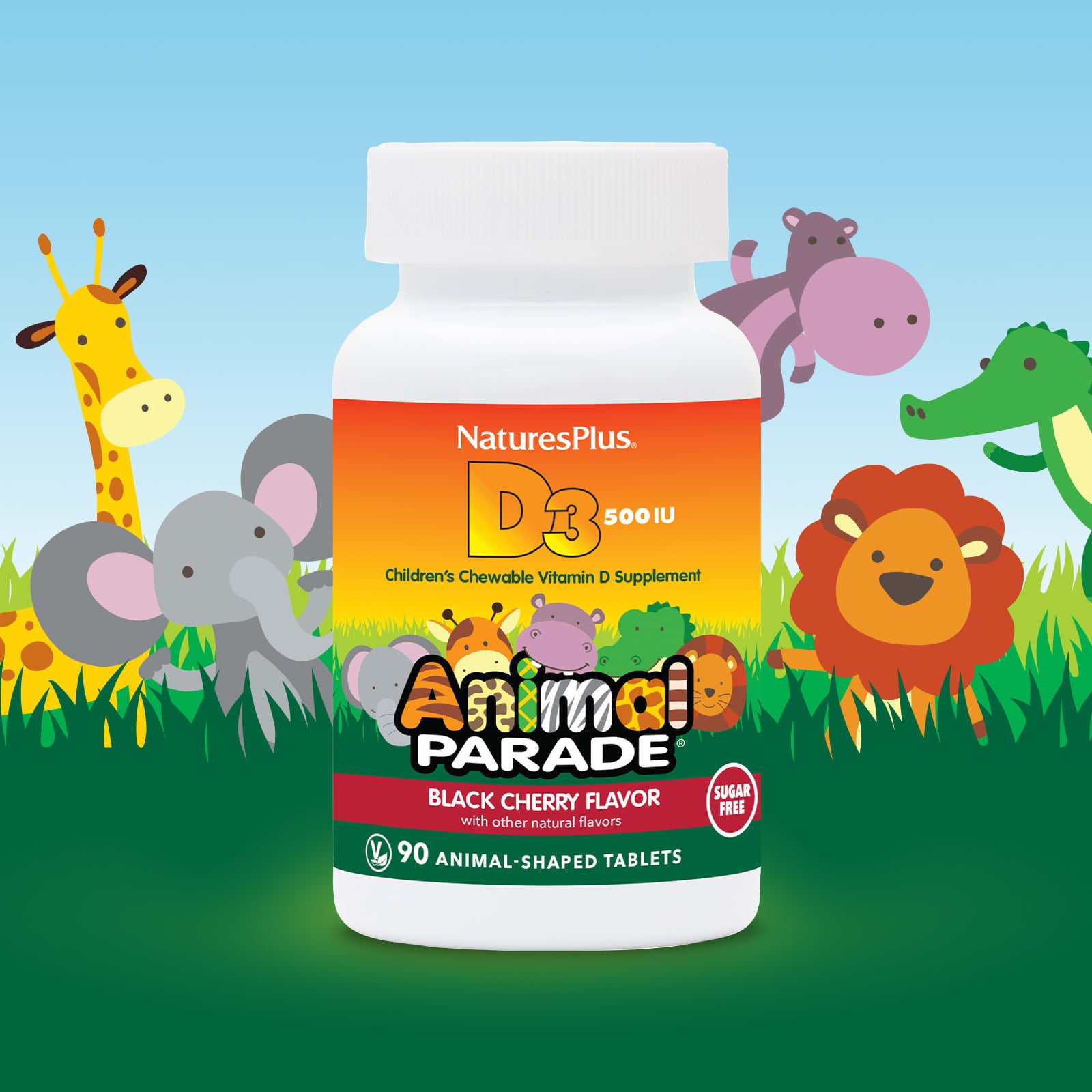 FREE NaturesPlus, Animal Parade, Vitamin D3, Sugar Free, Black Cherry, 500 IU, 90 Animal-Shaped Tablets